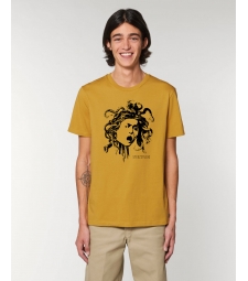 TEE-SHIRT homme coton bio col rond, coupe classique  jaune ocre impression Méduse Caravage