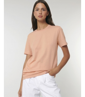TEE-SHIRT femme coton bio col rond, coupe classique fraiche pêche