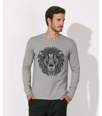 TEE-SHIRT manches longues homme 100% Coton Bio doux équitable gris chiné clair - The Lion