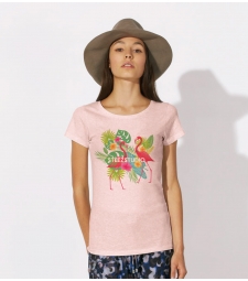 TEE-SHIRT femme Rose chiné en Coton BIO, impression flamants roses