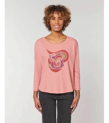 TSHIRT FEMME manches 3/4 épaules tombantes Coton Bio rose imprimé